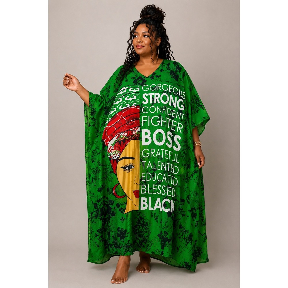 African Queen Caftan Maxi‎ Dress Boho Maximalist Cultural Green One Size OSFM
